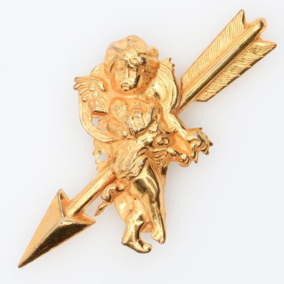 Vintage Miriam Haskell Bright Gold Plated Cherub On Arrow Brooch 1960s - Picture 1 of 4